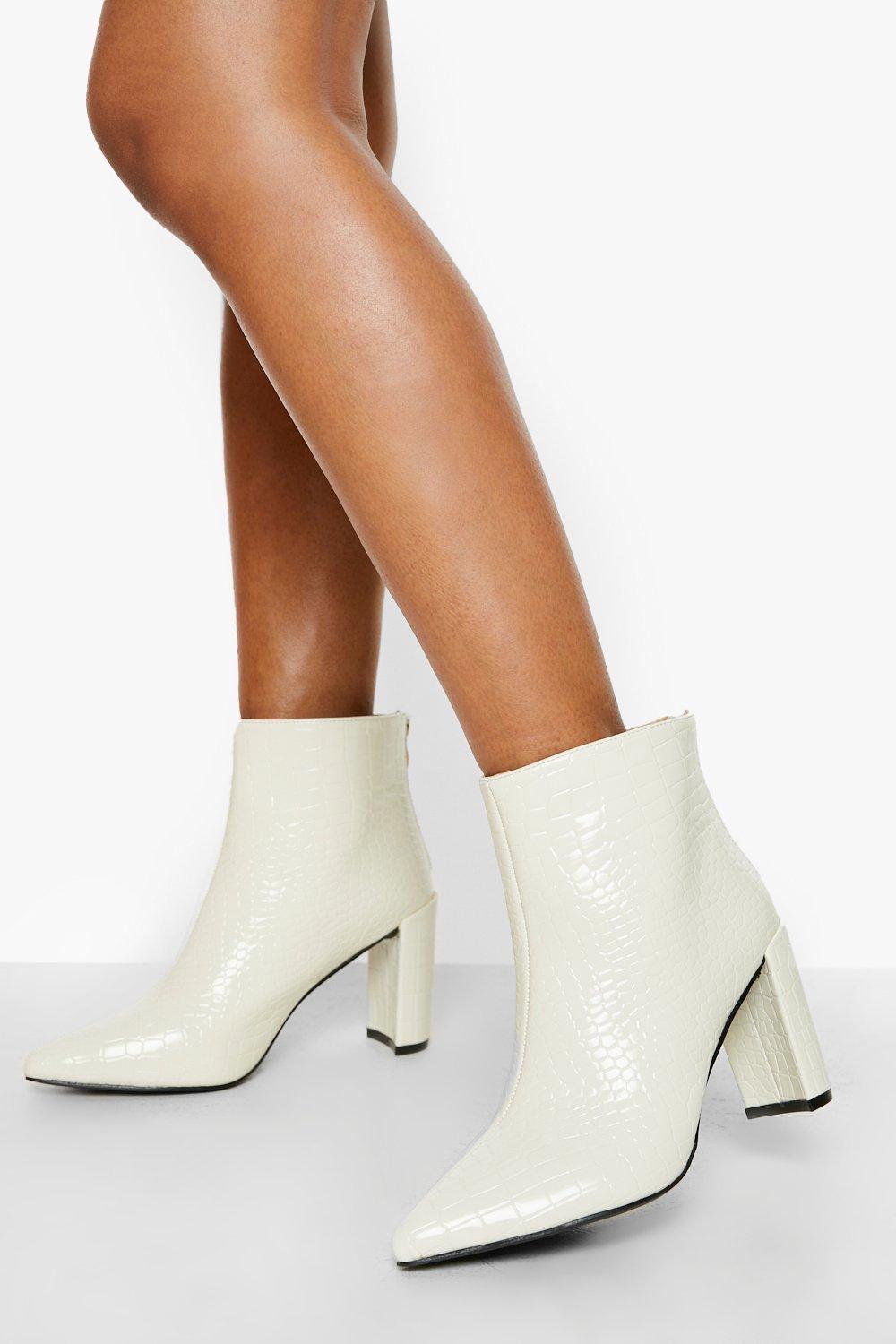 Wide Fit Pointed Toe Croc Heeled Boots boohoo IL